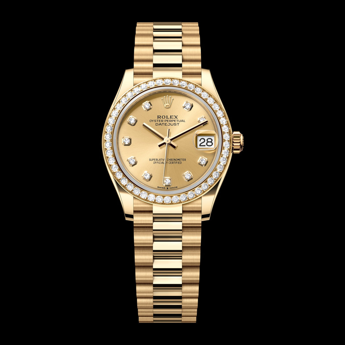 Rolex Datejust 31mm 278288RBR-0005: 18k Yellow Gold, Champagne, Set with Diamonds Dial, President Bracelet
