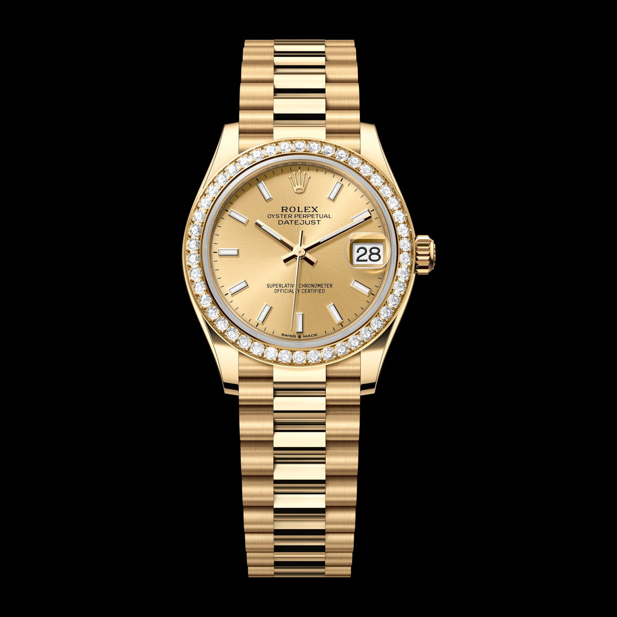 Rolex Datejust 31mm 278288RBR-0022: 18k Yellow Gold, Champagne Dial, President Bracelet