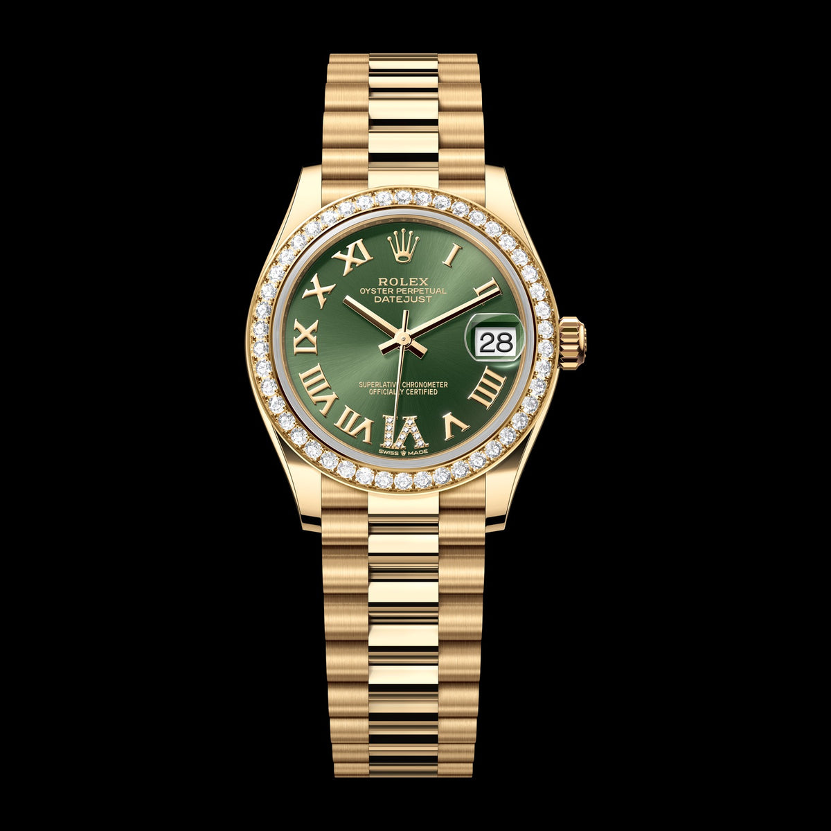 Rolex Datejust 31mm 278288RBR-0024: 18k Yellow Gold, Olive-Green, Set with Diamonds Dial, President Bracelet