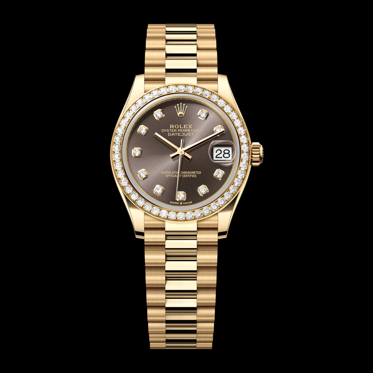 Rolex Datejust 31mm 278288RBR-0030: 18k Yellow Gold, Dark Grey, Set with Diamonds Dial, President Bracelet