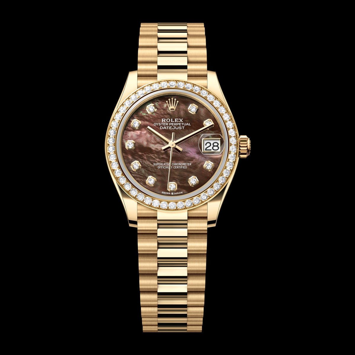 Rolex Datejust 31mm 278288RBR-0032: 18k Yellow Gold, Black Mother-of-Pearl, Set with Diamonds Dial, President Bracelet