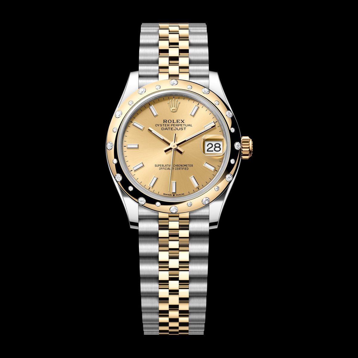 Rolex Datejust 31mm 278343RBR-0014: Oystersteel & 18k Yellow Gold, Champagne, Set with Diamonds Dial, Jubilee Bracelet