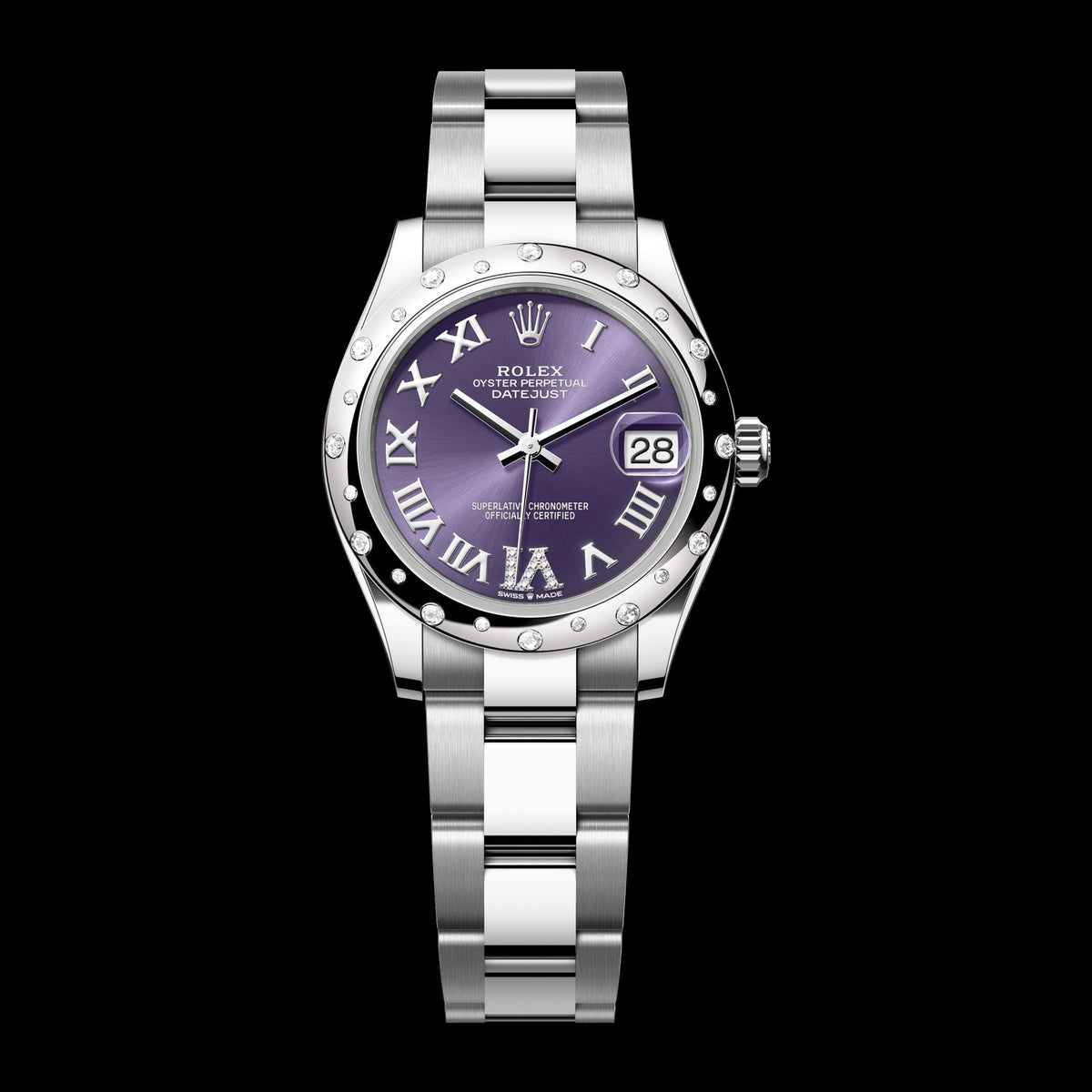 Rolex Datejust 31mm 278344RBR-0027: Oystersteel & 18k White Gold, Aubergine, Set with Diamonds Dial, Oyster Bracelet
