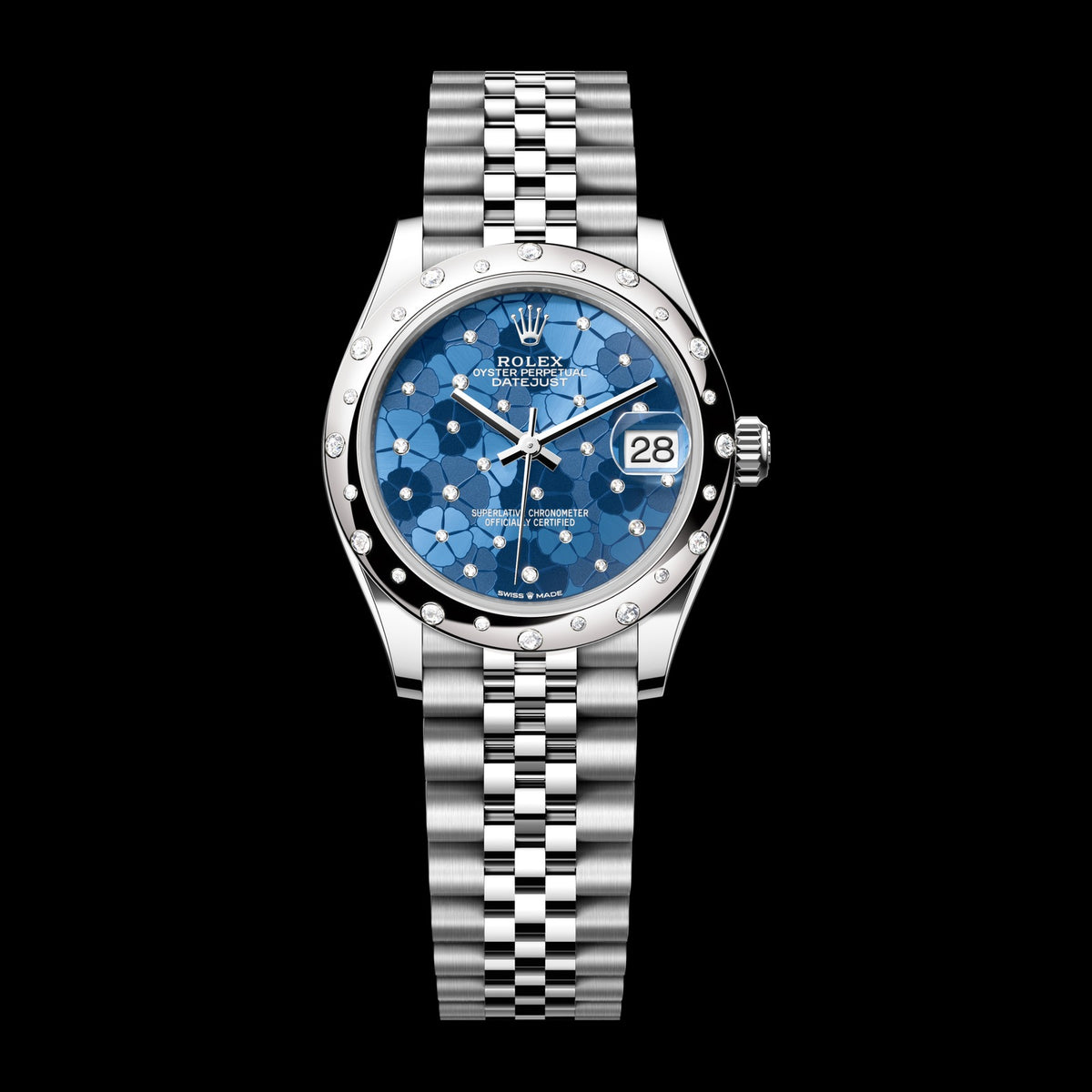 Rolex Datejust 31mm 278344RBR-0038: Oystersteel & 18k White Gold, Azzurro Blue, Floral Motif, Set with Diamonds Dial, Jubilee Bracelet