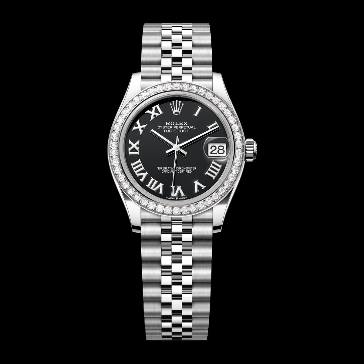 Rolex Datejust 31mm 278384RBR-0002: Oystersteel & White Gold, Bright Black, Set with Diamonds Dial, Jubilee Bracelet