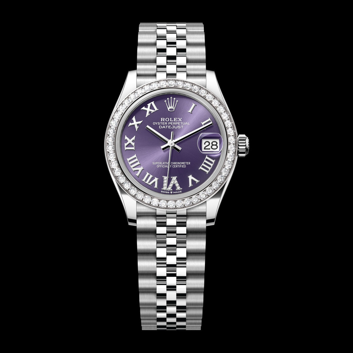 Rolex Datejust 31mm 278384RBR-0030: Oystersteel & White Gold, Aubergine, Set with Diamonds Dial, Jubilee Bracelet