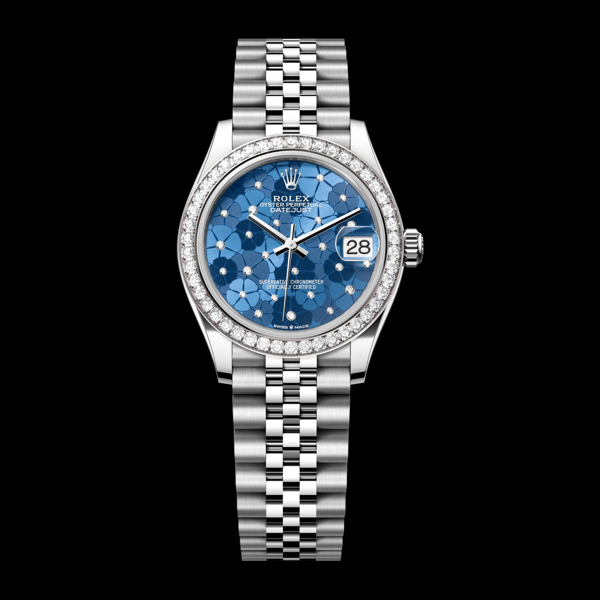 Rolex Datejust 31mm 278384RBR-0040: Oystersteel & 18k White Gold, Azzurro Blue, Floral Motif, Set with Diamonds Dial, Jubilee Bracelet