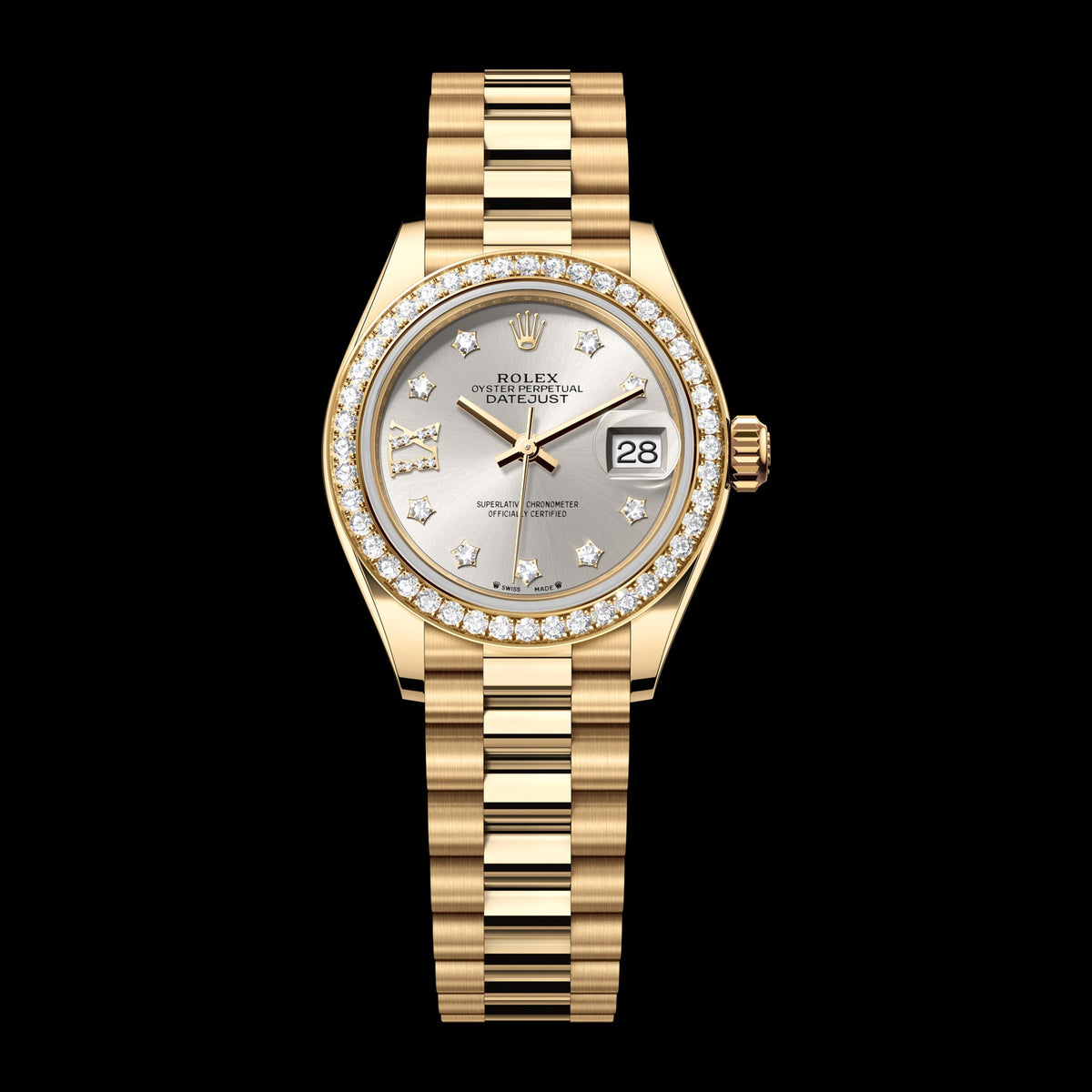 Rolex Lady-Datejust 28mm 279138RBR: 18k Yellow Gold, Silver, Set with Diamonds Dial, President Bracelet