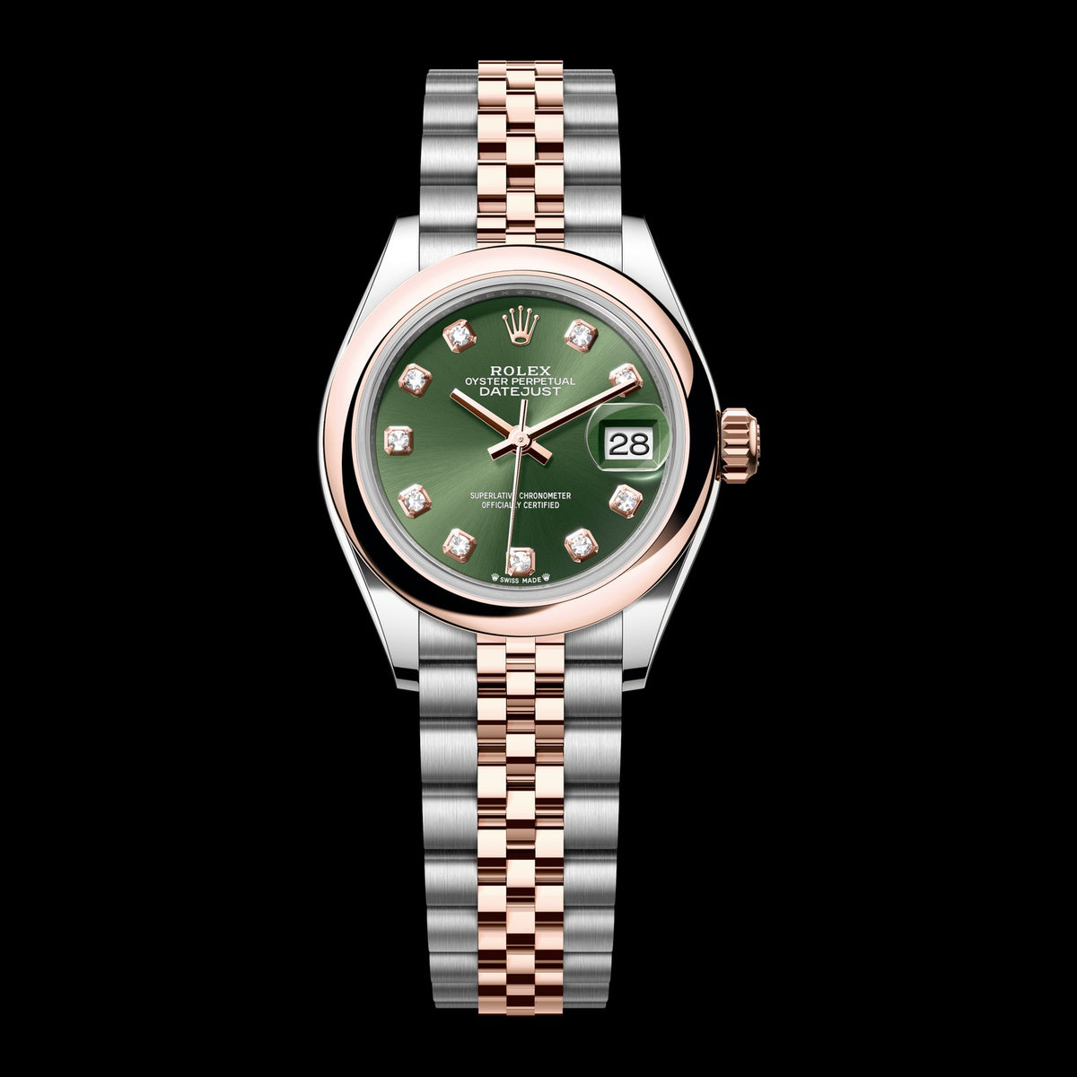 Rolex Lady-Datejust 28mm 279161-0007: Oystersteel & 18k Everose Gold, Olive Green, Set with Diamonds Dial, Jubilee Bracelet