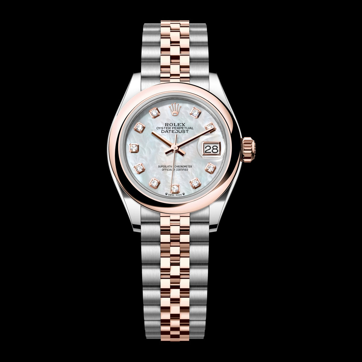 Rolex Lady-Datejust 28mm 279161-0013: Oystersteel & 18k Everose Gold, White Mother-of-Pearl, Set with Diamonds Dial, Jubilee Bracelet