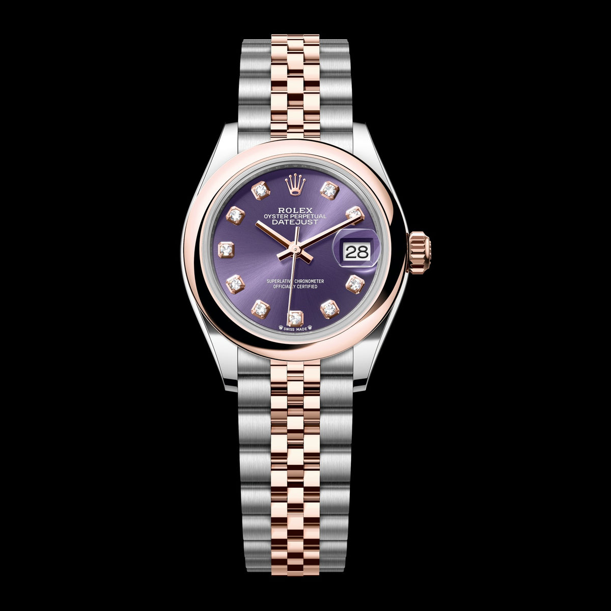 Rolex Lady-Datejust 28mm 279161-0015: Oystersteel & 18k Everose Gold, Aubergine, Set with Diamonds Dial, Jubilee Bracelet