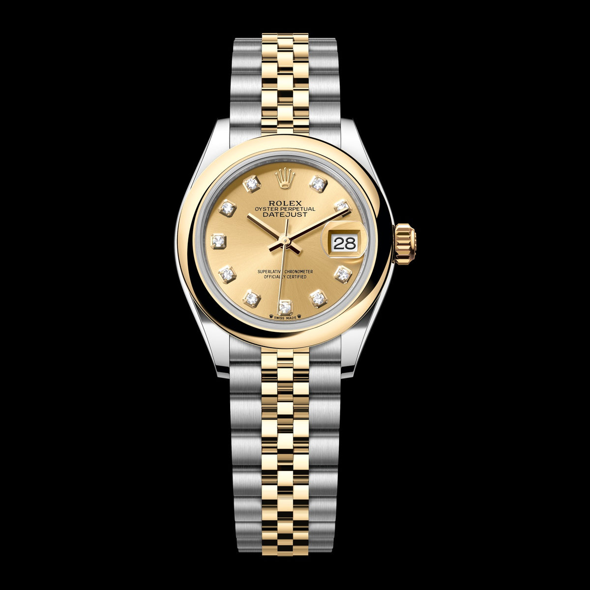 Rolex Lady-Datejust 28mm 279163-0011: Oystersteel & 18k Yellow Gold, Champagne, Set with Diamonds Dial, Jubilee Bracelet