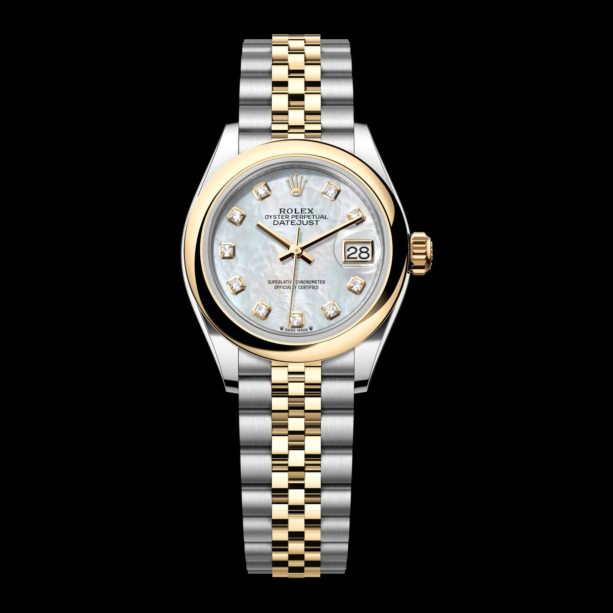 Rolex Lady-Datejust 28mm 279163-0013: Oystersteel & 18k Yellow Gold, White Mother-of-Pearl, Set with Diamonds Dial, Jubilee Bracelet
