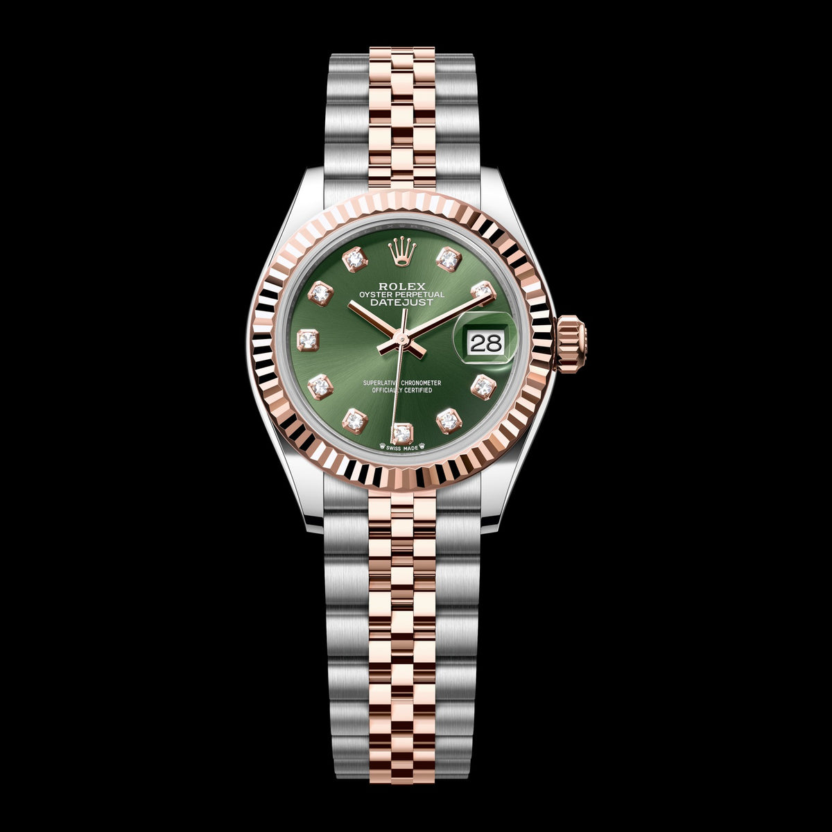 Rolex Lady-Datejust 28mm 279171-0007: Oystersteel & 18k Everose Gold, Olive Green, Set with Diamonds Dial, Jubilee Bracelet