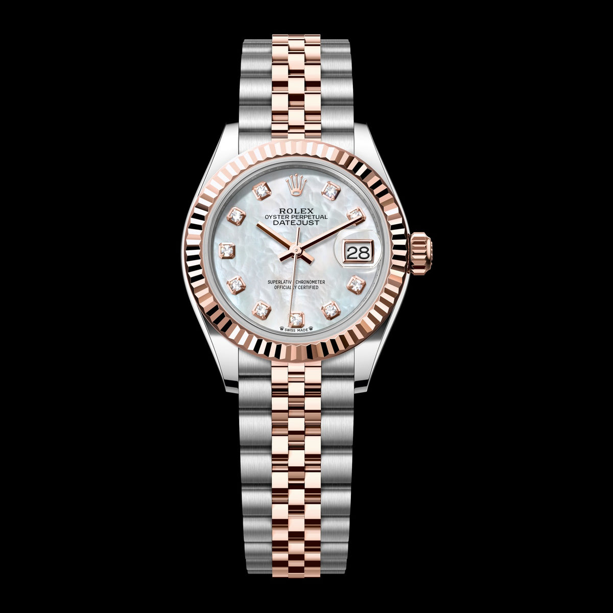 Rolex Lady-Datejust 28mm 279171-0013: Oystersteel & 18k Everose Gold, White Mother-of-Pearl, Set with Diamonds Dial, Jubilee Bracelet