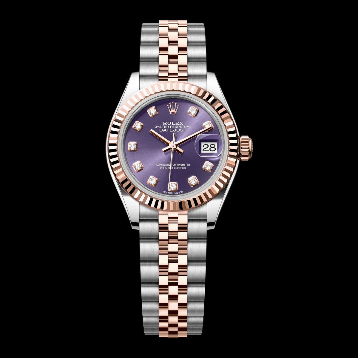 Rolex Lady-Datejust 28mm 279171-0015: Oystersteel & 18k Everose Gold, Aubergine, Set with Diamonds Dial, Jubilee Bracelet