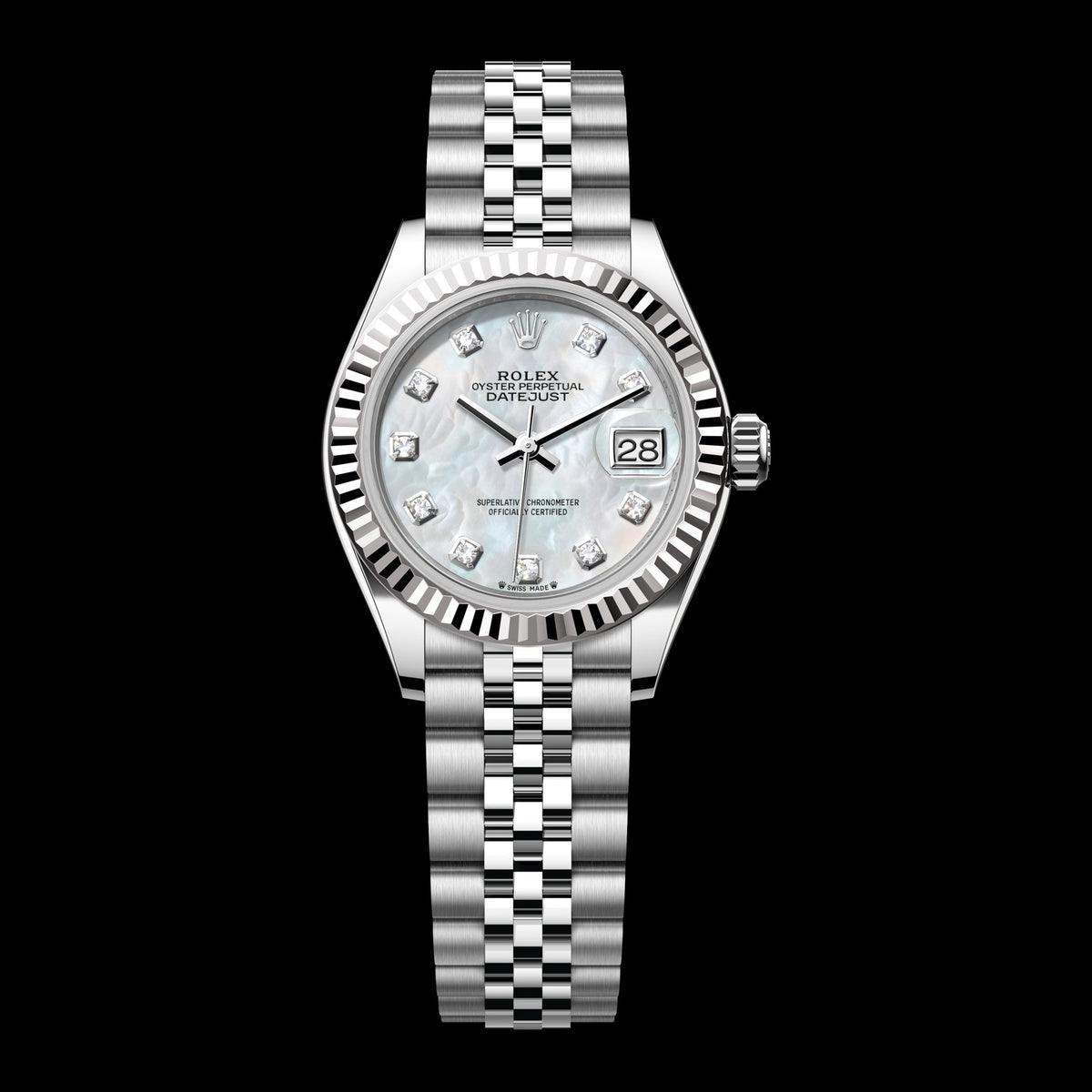 Rolex Lady-Datejust 28mm 279174-0009: Oystersteel & 18k White Gold, White Mother-of-Pearl, Set with Diamonds Dial, Jubilee Bracelet
