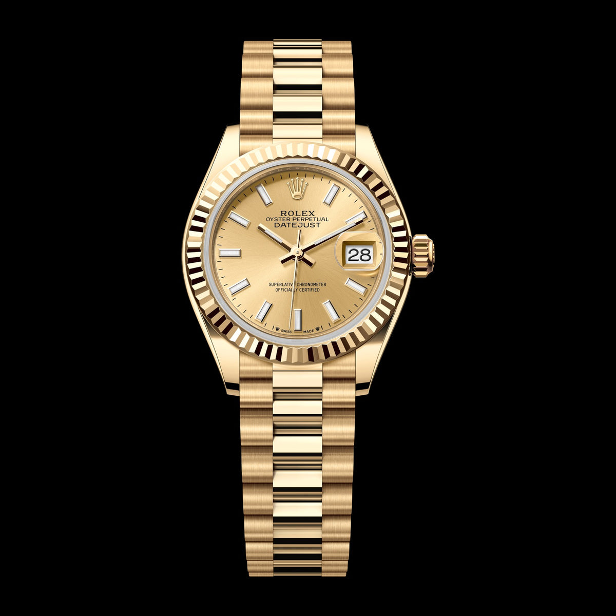 Rolex Lady-Datejust 28mm 279178-0001: 18k Yellow Gold, Champagne Dial, President Bracelet