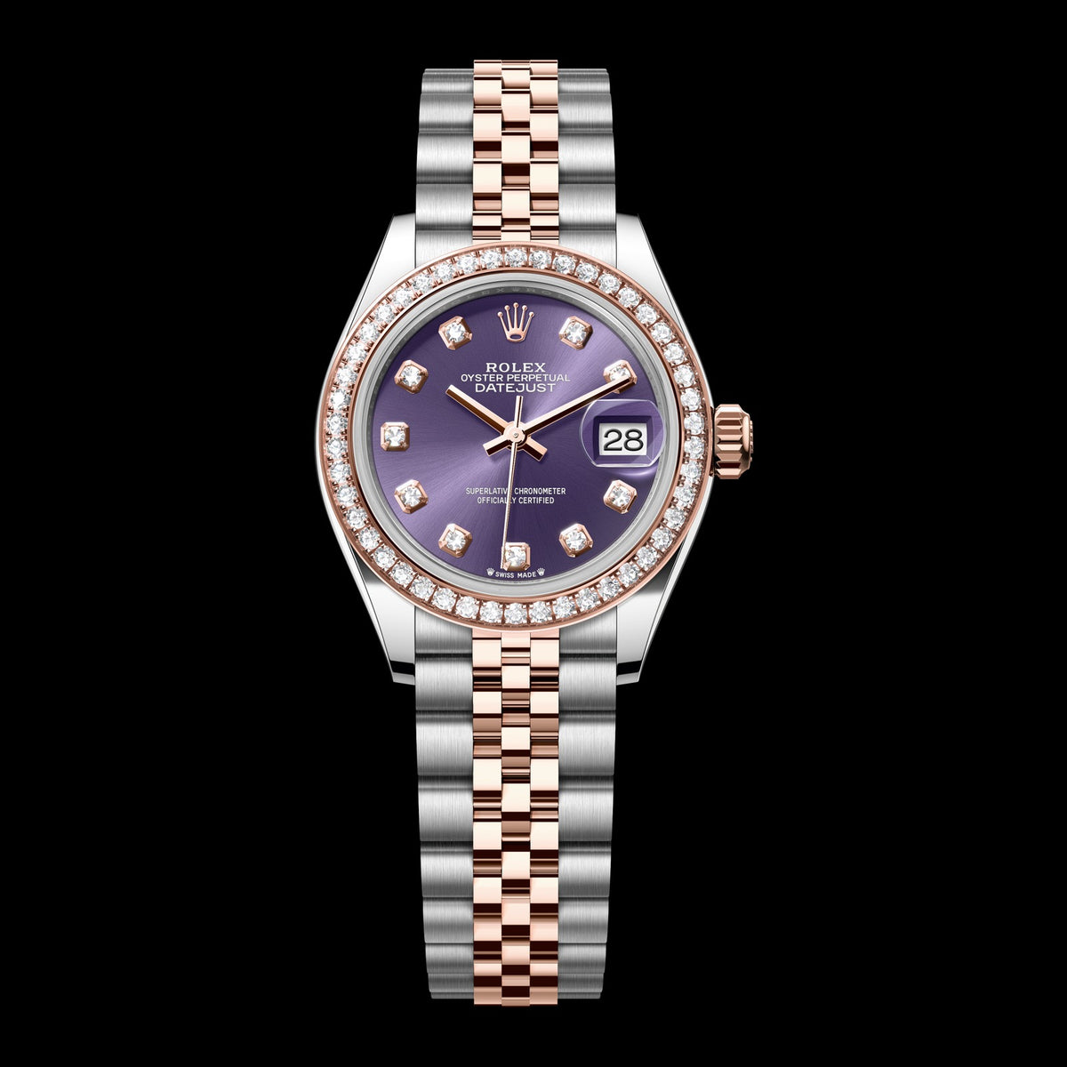 Rolex Lady-Datejust 28mm 279381RBR-0015: Oystersteel & 18k Everose Gold, Aubergine, Set with Diamonds Dial, Jubilee Bracelet