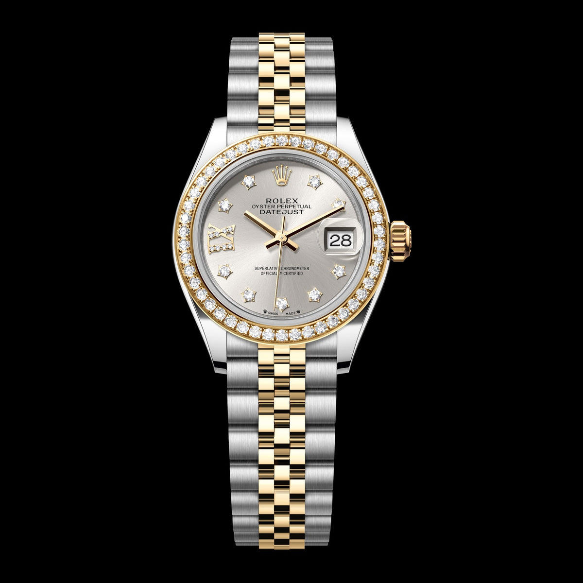 Rolex Lady-Datejust 28mm 279383RBR-0003: Oystersteel & 18k Yellow Gold, Silver, Set with Diamonds Dial, Jubilee Bracelet