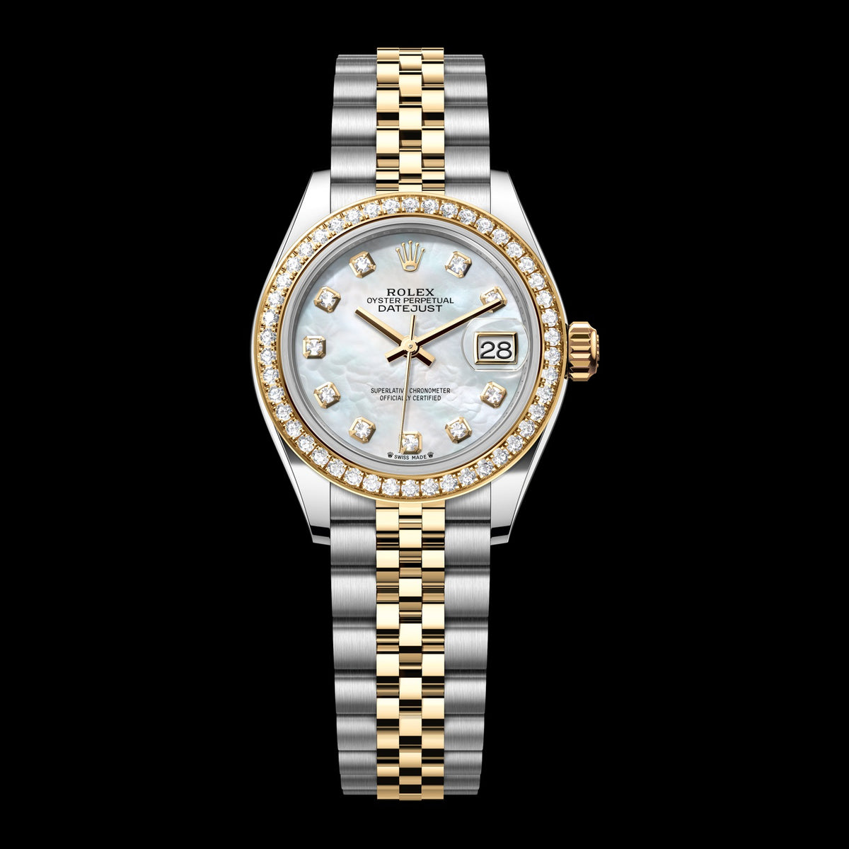 Rolex Lady-Datejust 28mm 279383RBR-0019: Oystersteel & 18k Yellow Gold, White Mother-of-Pearl, Set with Diamonds Dial, Jubilee Bracelet
