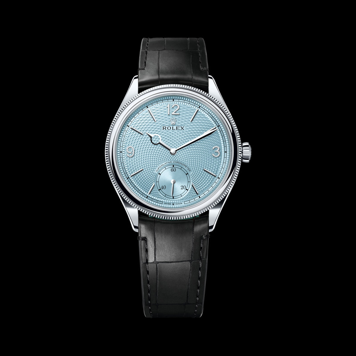 Rolex 1908 39mm 52506-0003: Platinum, Ice Blue Dial, Leather Strap Bracelet