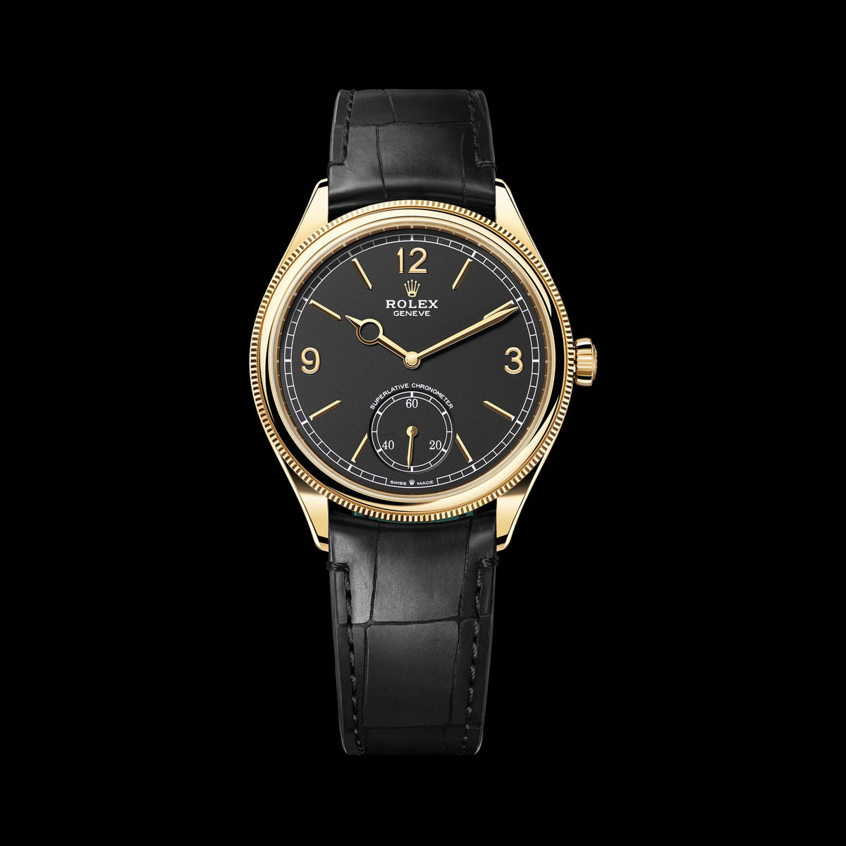 Rolex 1908 39mm 52508-0002: 18k Yellow Gold, Intense Black Dial, Leather Strap Bracelet