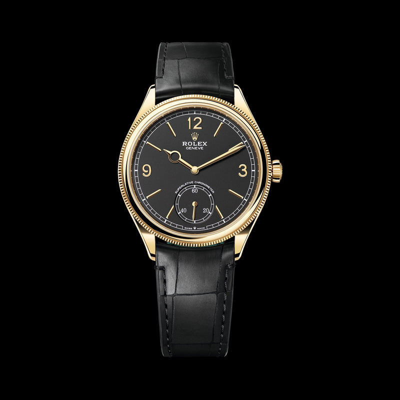 Rolex 1908 39mm 52508-0002: 18k Yellow Gold, Intense Black Dial, Leather Strap Bracelet