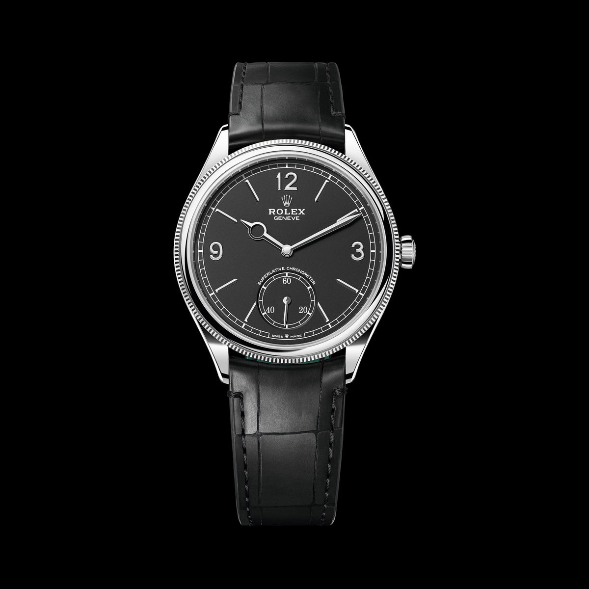 Rolex 1908 39mm 52509-0002: 18k White Gold, Intense Black Dial, Leather Strap Bracelet