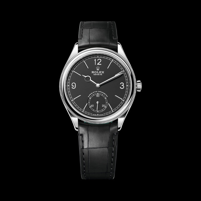 Rolex 1908 39mm 52509-0002: 18k White Gold, Intense Black Dial, Leather Strap Bracelet