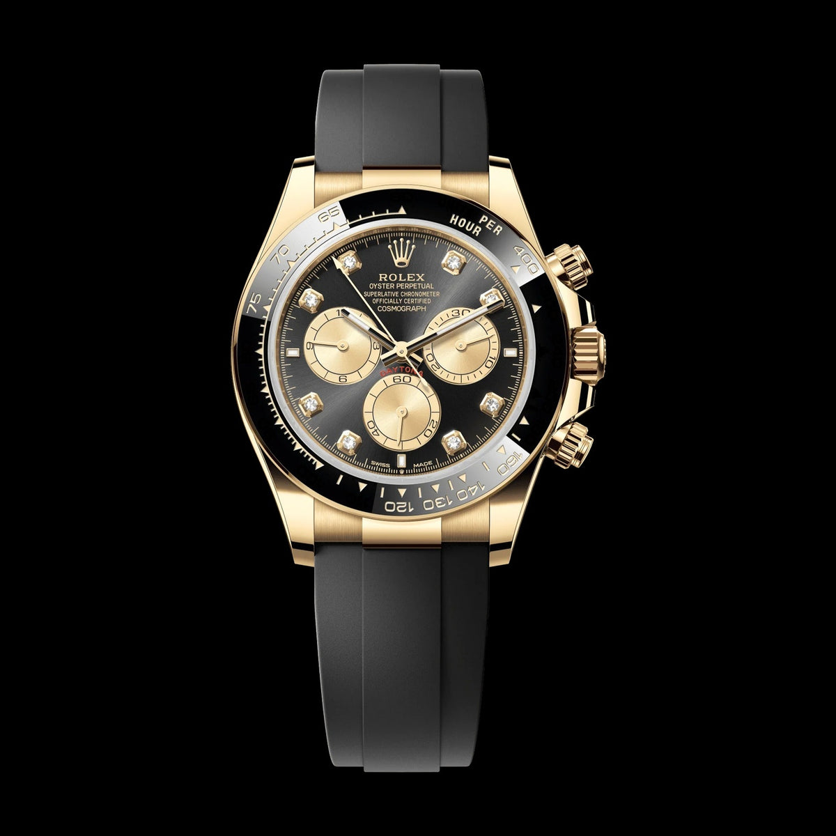 Rolex Cosmograph Daytona 40 mm Bright Black and Golden set with Diamonds Dial 18 kt Yellow Gold Oysterflex Bracelet 126518ln-0006