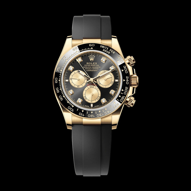 Rolex Cosmograph Daytona 40 mm Bright Black and Golden set with Diamonds Dial 18 kt Yellow Gold Oysterflex Bracelet 126518ln-0006