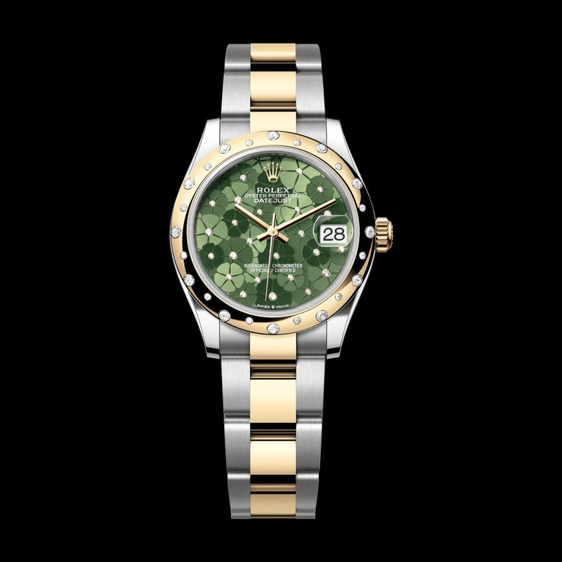 Rolex Datejust 31 mm Olive Green, Floral Motif Set With Diamonds Dial Oystersteel and 18k Yellow Gold Oyster Bracelet 278343rbr-0031