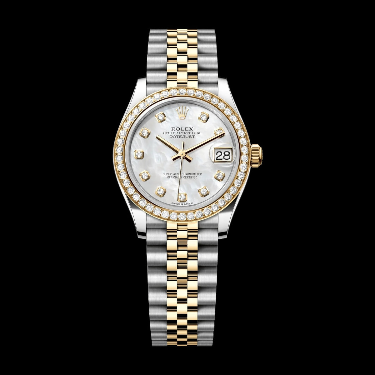 Rolex Datejust 31 mm White Mother-Of-Pearl Set With Diamonds Dial Oystersteel and 18k Yellow Gold Jubilee Bracelet 278383rbr-0028