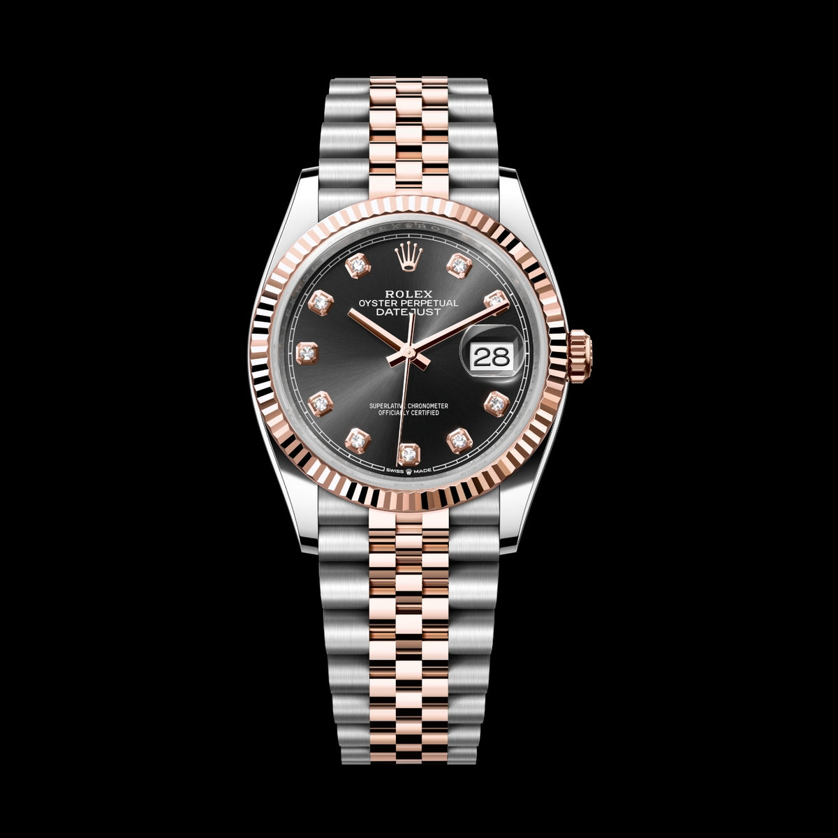 Rolex Datejust 36 126231-0019 Oystersteel & 18k Everose Gold Bright Black Diamond Dial Jubilee Bracelet