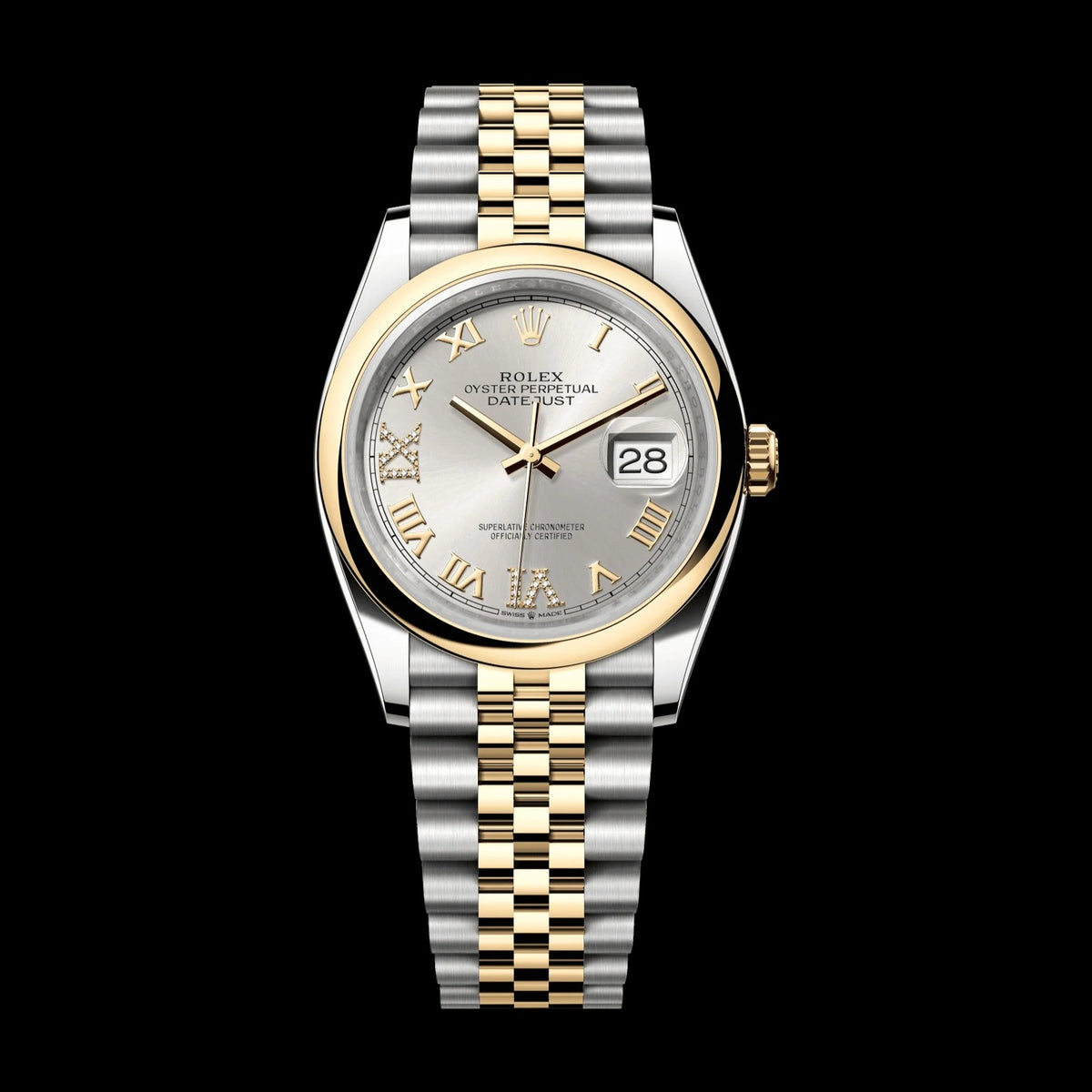 Rolex Datejust 36 mm Silver Set With Diamonds Dial Oystersteel and 18k Yellow Gold Jubilee Bracelet 126203-0031