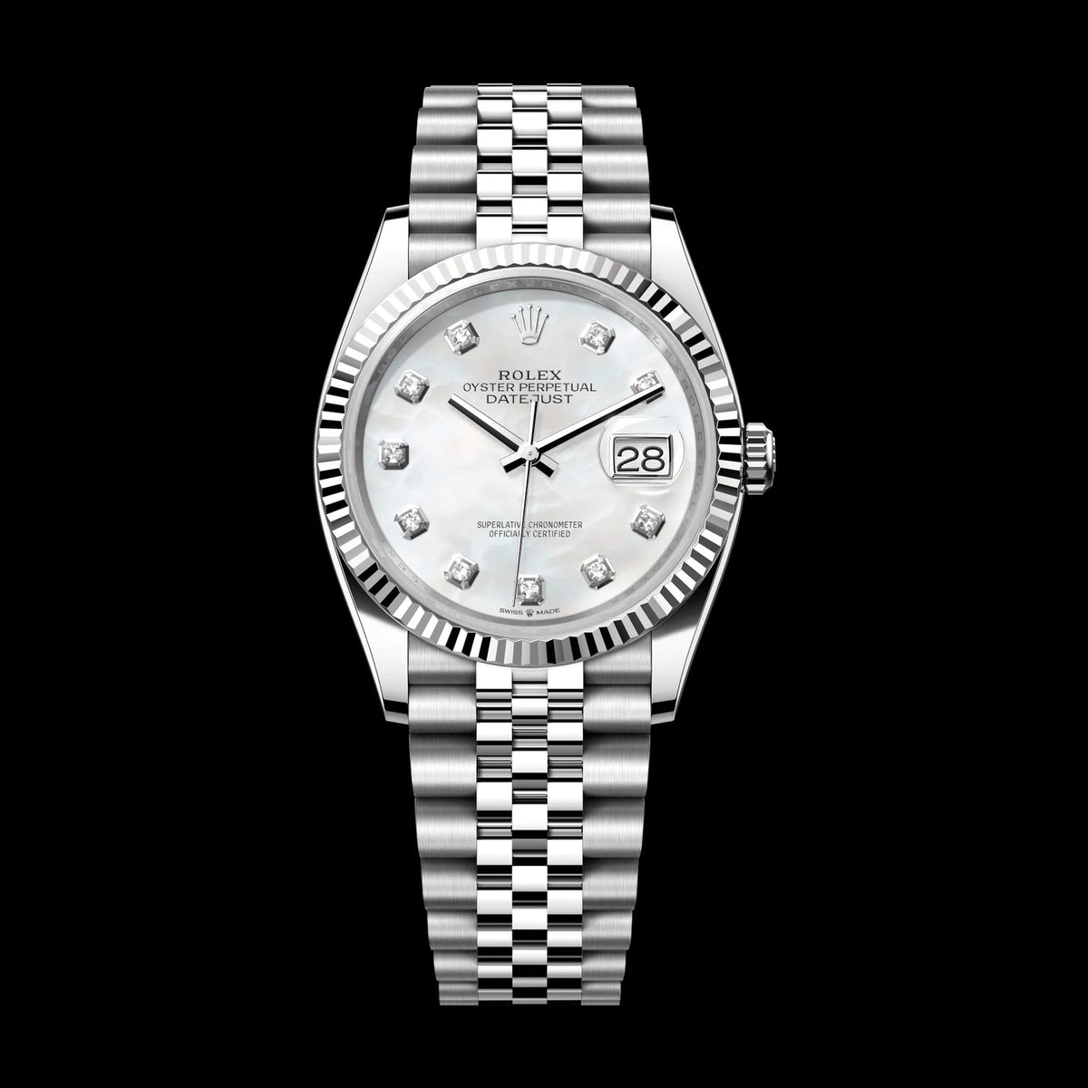 2025 Rolex Datejust 36 mm White Mother-Of-Pearl Dial with Diamonds Oystersteel and White Gold Jubilee Bracelet 126234-0019