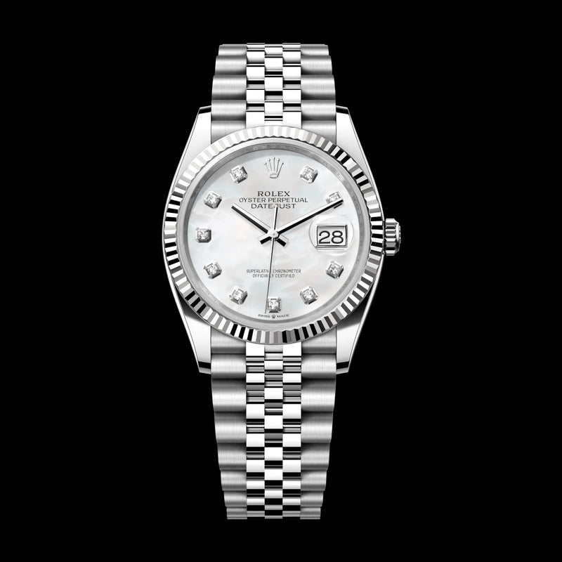 2025 Rolex Datejust 36 mm White Mother-Of-Pearl Dial with Diamonds Oystersteel and White Gold Jubilee Bracelet 126234-0019