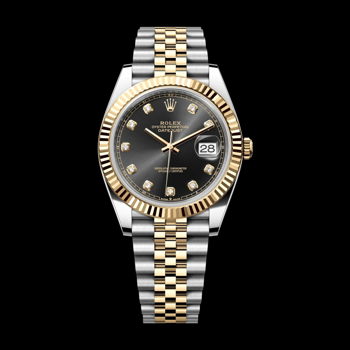 Rolex Datejust 41 mm Bright Black Set With Diamonds Dial Oystersteel and 18k Yellow Gold Jubilee Bracelet 126333-0006
