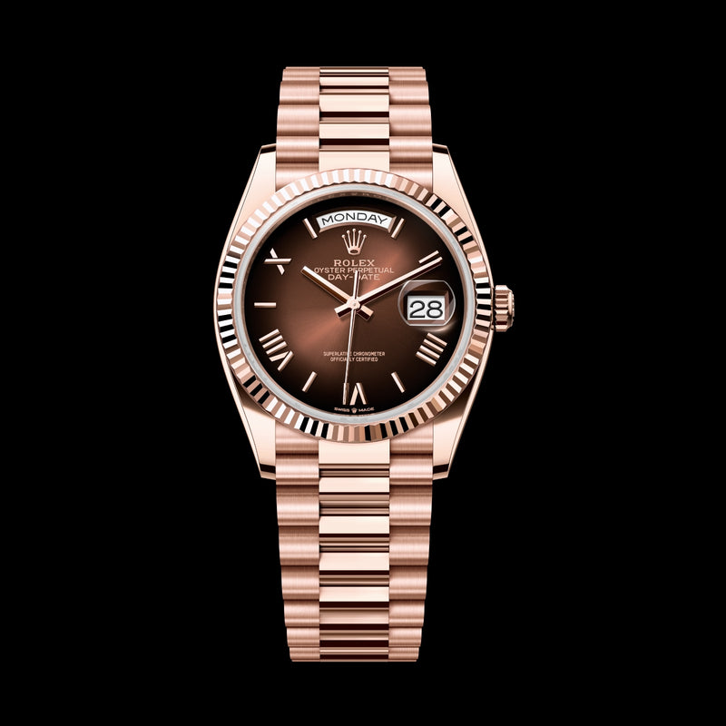 Rolex Day-Date 36 128235-0075 18k Everose Gold Brown Ombré Roman Dial President Bracelet