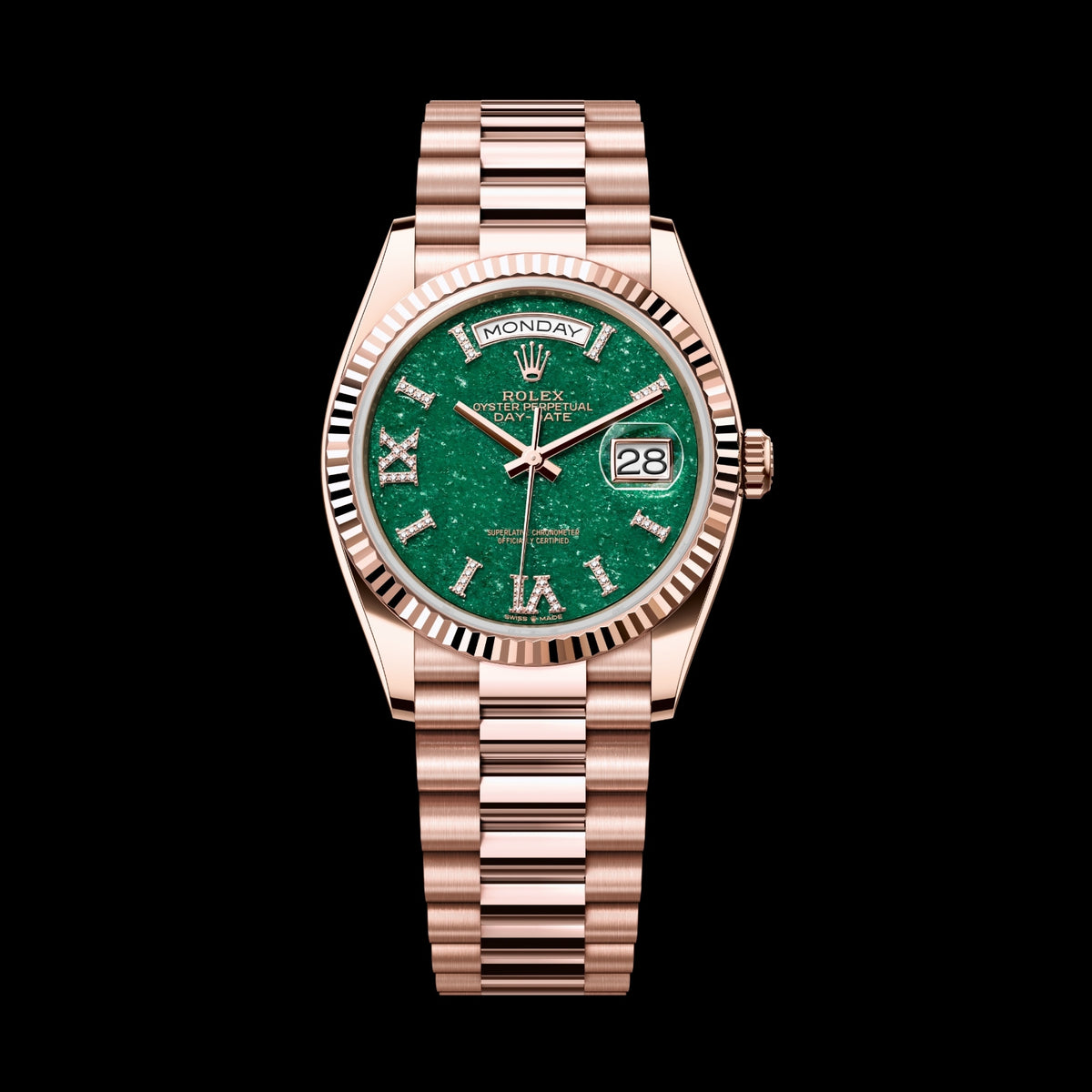 Rolex Day-Date 36 128235-0068 18k Everose Gold Green Aventurine Diamond Roman Dial President Bracelet