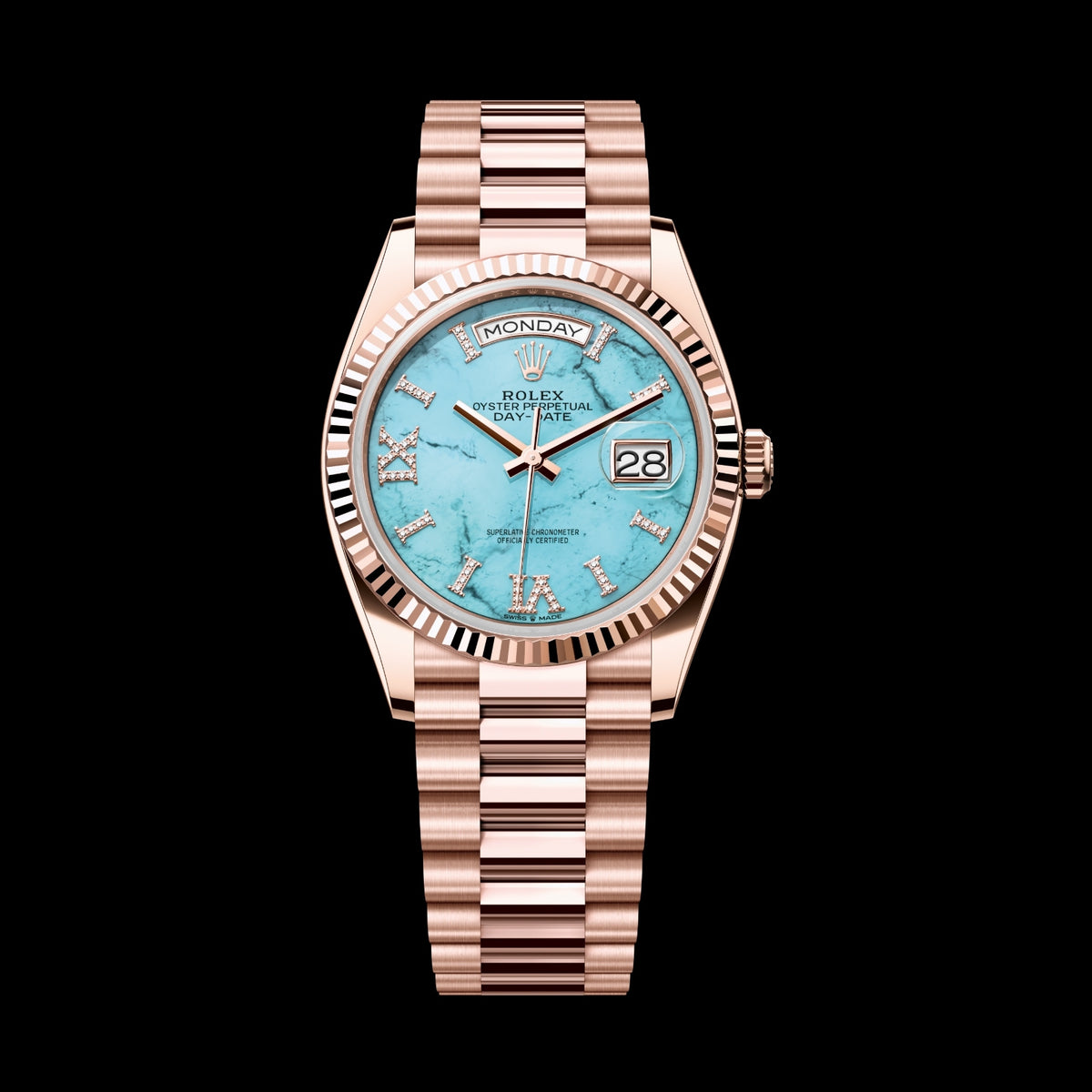 Rolex Day-Date 36 128235-0064 18k Everose Gold Turquoise Diamond Roman Dial President Bracelet