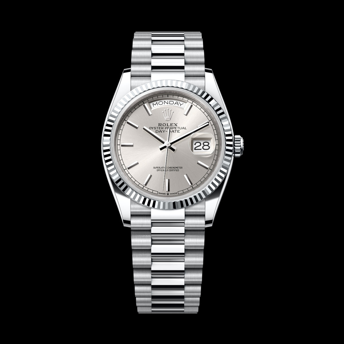 Rolex Day-Date 36 128236-0001 950 Platinum Silver Dial President Bracelet