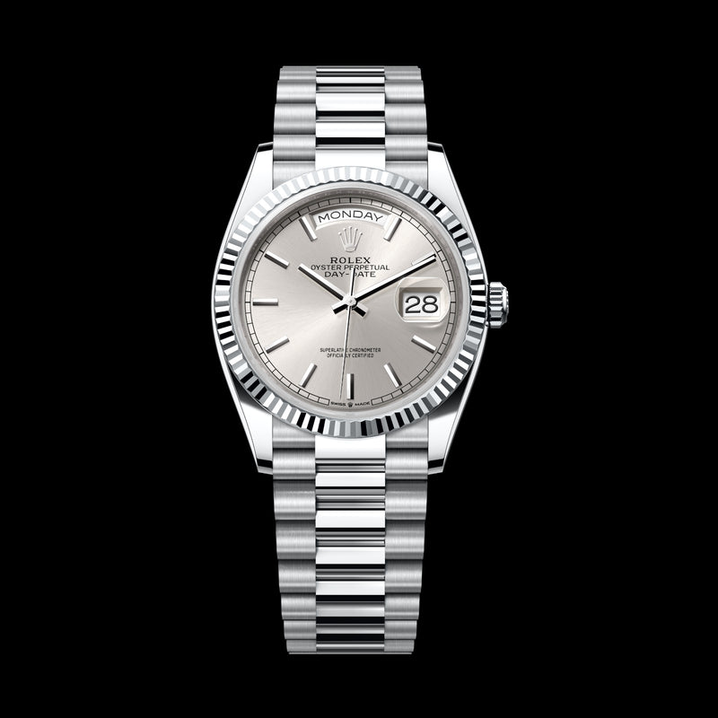 Rolex Day-Date 36 128236-0001 950 Platinum Silver Dial President Bracelet
