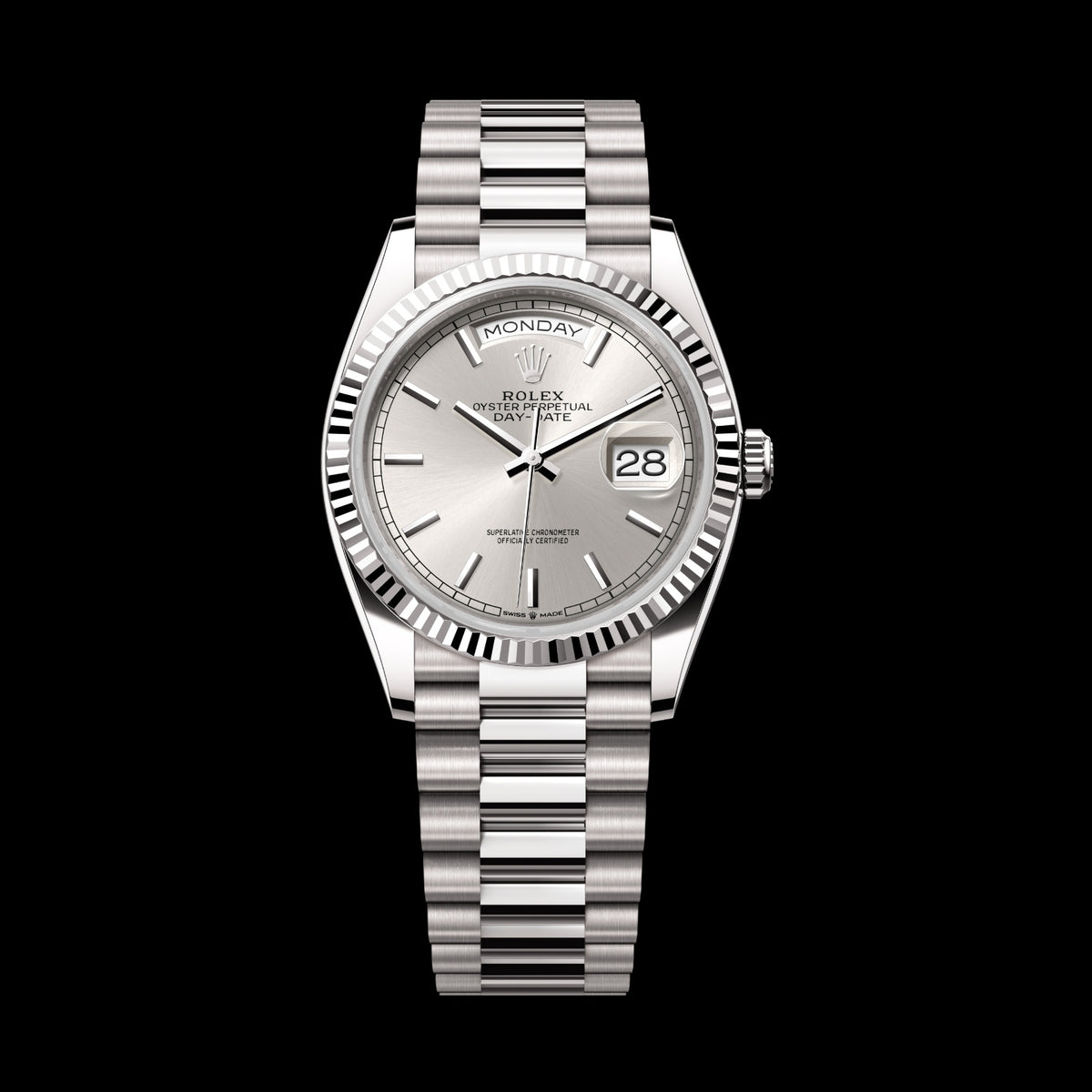 Rolex Day-Date 36 128239-0005 18k White Gold Silver Dial President Bracelet