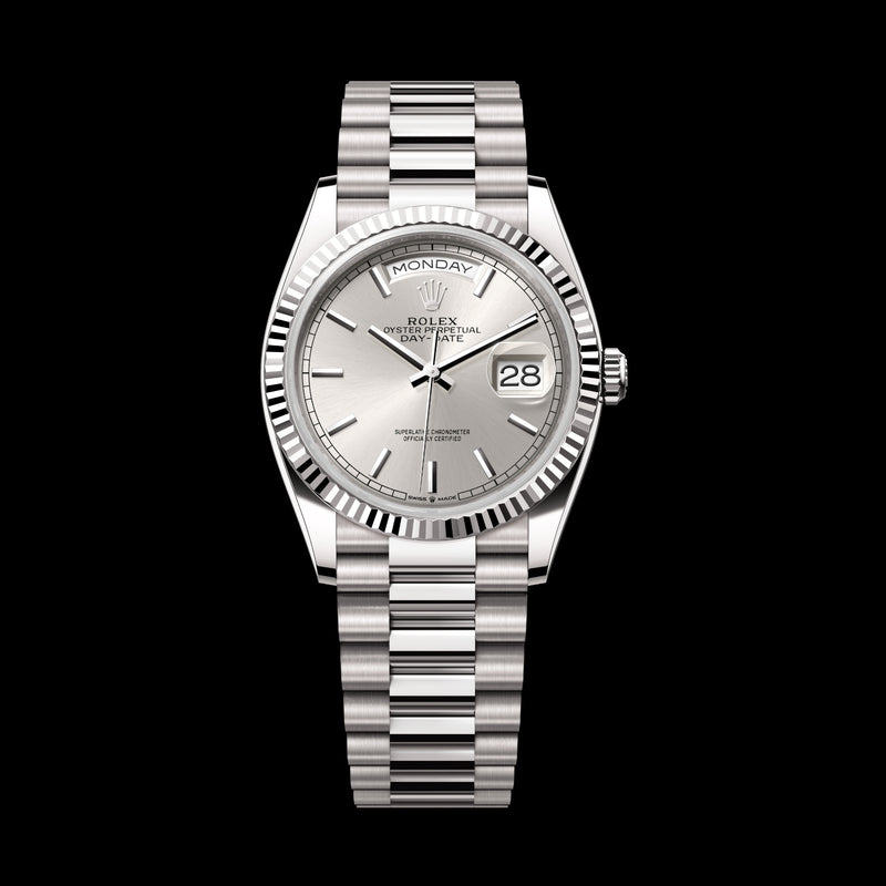 Rolex Day-Date 36 128239-0005 18k White Gold Silver Dial President Bracelet