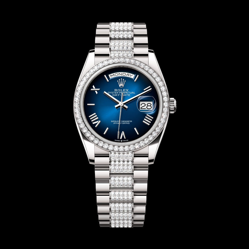 Rolex Day-Date 36 128349RBR-0048 18k White Gold Blue Ombré Roman Dial Diamond-Set President Bracelet