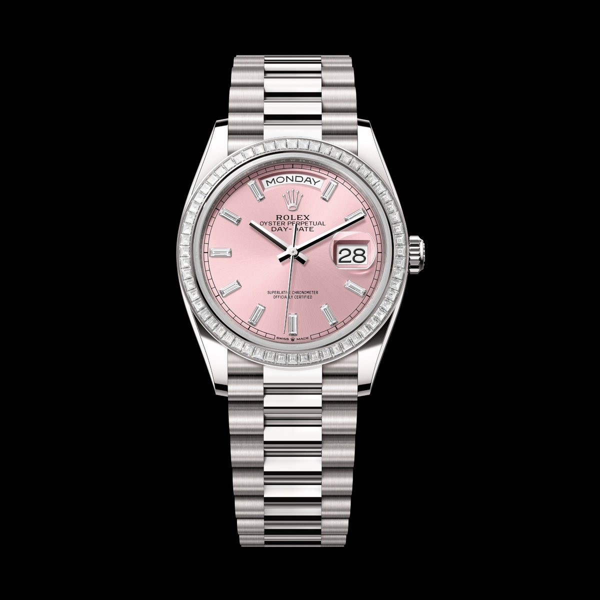 Rolex Day-Date 36 128399TBR-0029 18k White Gold Pink Baguette Diamond Dial President Bracelet
