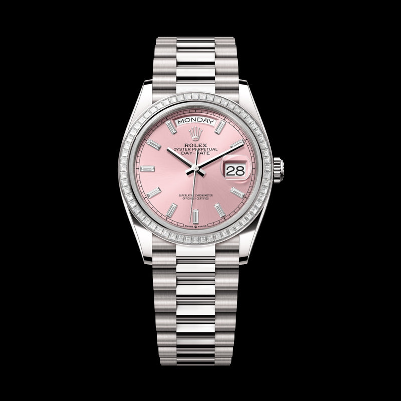 Rolex Day-Date 36 128399TBR-0029 18k White Gold Pink Baguette Diamond Dial President Bracelet
