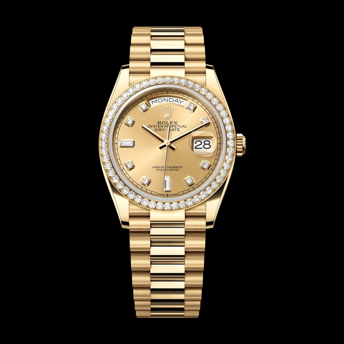 Rolex Day-Date 36 mm Champagne-Colour Set With Diamonds Dial 18k Yellow Gold President Bracelet 128348rbr-0008
